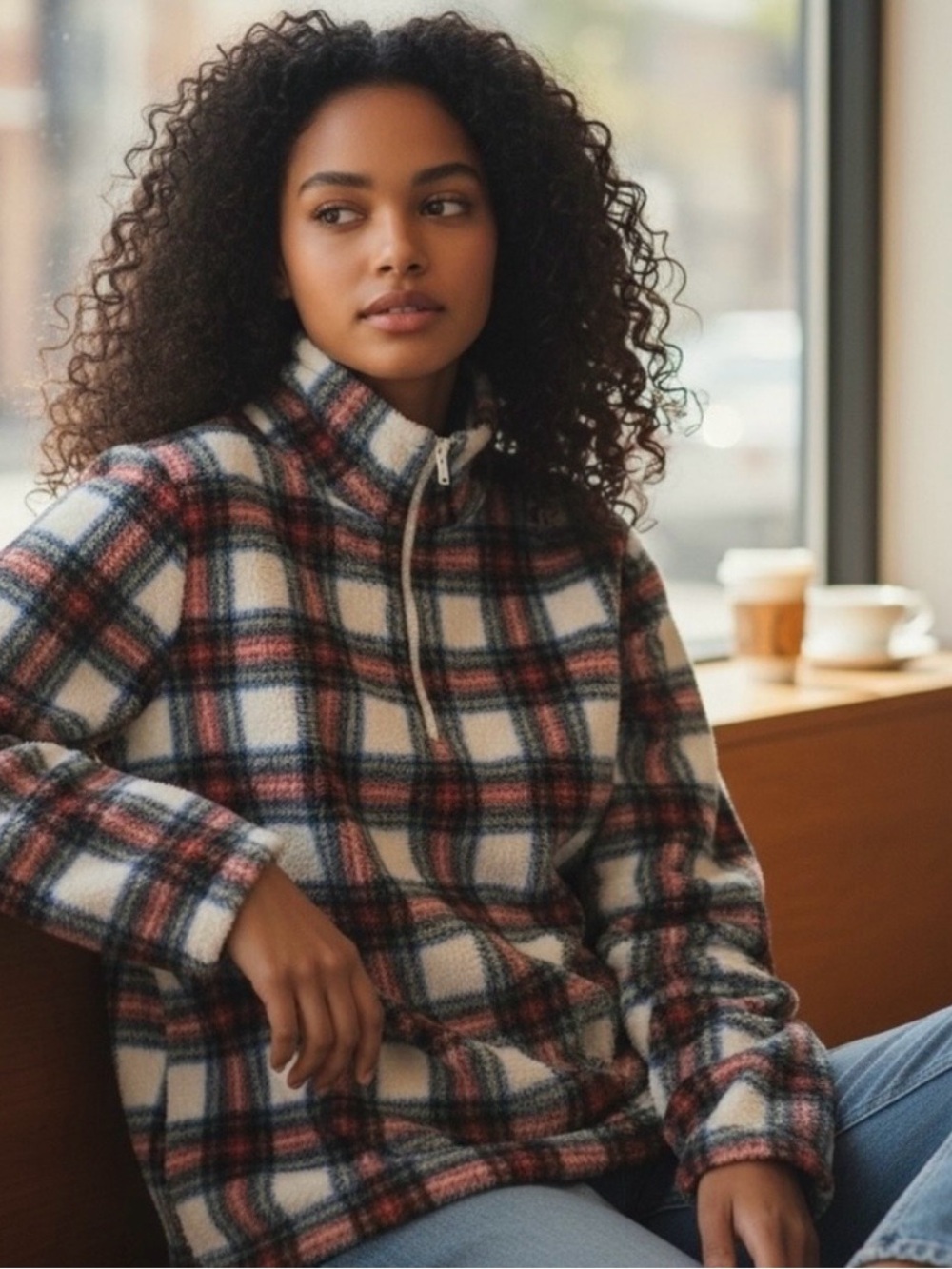 J. Crew Plaid Sherpa 1/4 Zip Pullover - Cream, Red & Navy